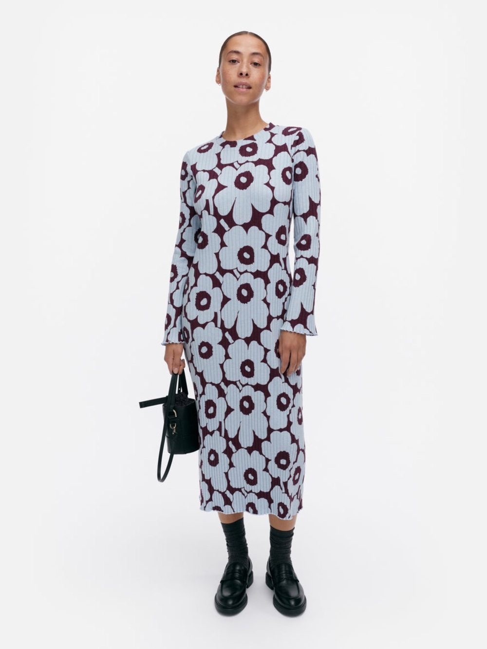 Marimekko Light Blue and Burgundy Floral Long-Sleeve Midi Dress